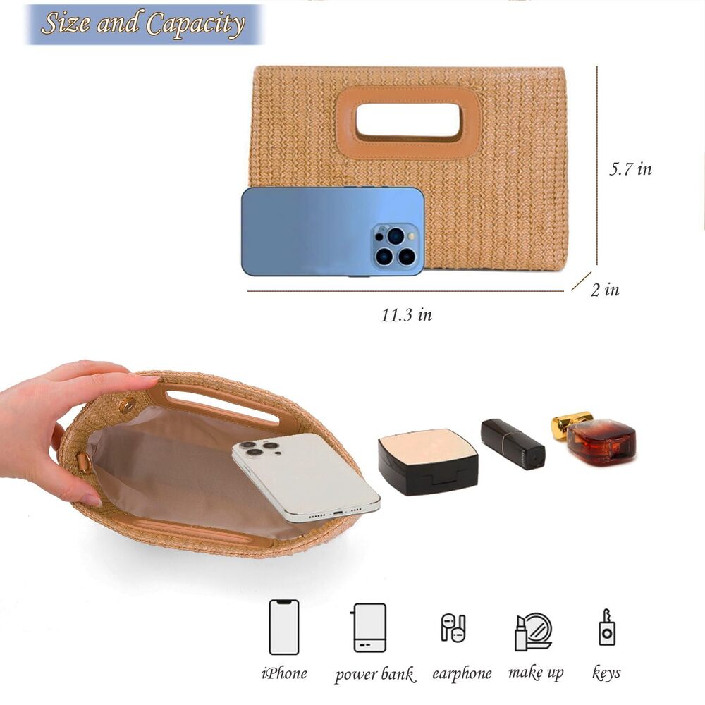 7449 Straw Purse Top Handle Clutch Bag, Woven Beach Shoulder Crossbody Bag - Picture 5 of 8
